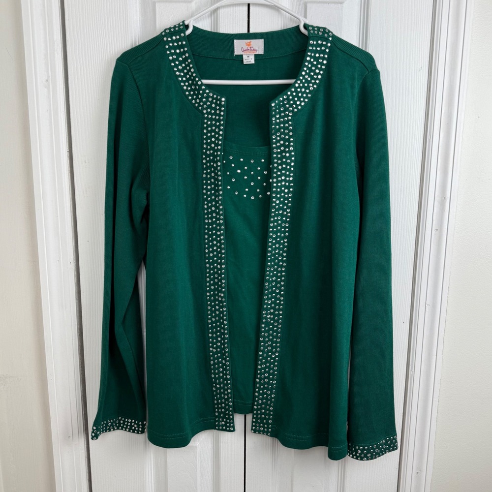 Quacker‎ Factory Womens Green Embellished Cardigan Set Size M